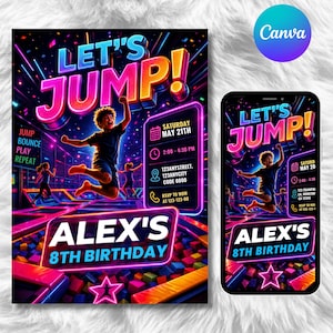 May include: A digital invitation template for a trampoline park birthday party featuring neon text that reads LET'S JUMP! and ALEX'S 8TH BIRTHDAY. The graphic shows a child jumping in a foam pit with vibrant pink, blue, and yellow lighting effects.