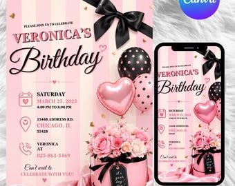 Invitación de cumpleaños secreta rosa, invitación para fiesta glamurosa rosa, plantilla editable de Canva, historias y publicaciones de Instagram, invitación digital, descarga instantánea.