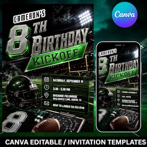 Puede incluir: Una plantilla de invitación digital para una fiesta de cumpleaños temática de fútbol. El diseño muestra un estadio oscuro, un casco verde, un balón de fútbol y el texto Cameron's 8th Birthday Kickoff, Saturday September 19, 3:30-5:30 PM.