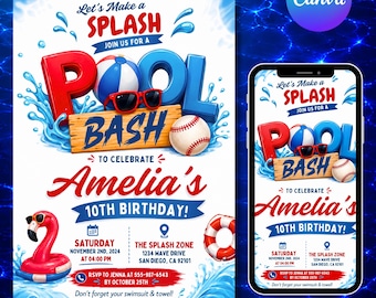 May include: A pool party invitation flyer featuring the text Let's Make a Splash Join Us for a Pool Bash to Celebrate Amelia's 10th Birthday. The design includes a beach ball, sunglasses, a baseball, and a flamingo float on a water background.