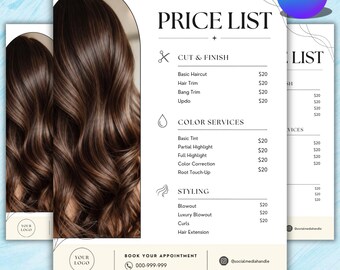 Plantilla de lista de precios para hacer tú mismo / Plantilla de lista de precios editable en Canva / Lista de precios para salones de belleza / Guía de precios para estilistas de uñas, cabello y maquillaje