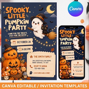 May include: A digital invitation template for a Spooky Little Pumpkin Party featuring a ghost on a broomstick with a black cat, stacked jack-o'-lanterns, and autumn leaves. The text includes October 26, 6:00 PM, and placeholder contact details.