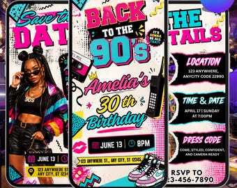 Invitación de cumpleaños animada de los 90, invitación retro para fiestas de adultos (descarga en Canva)