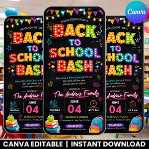 May include: A digital invitation template for a Back to School Bash on a black chalkboard background. The design features colorful marquee-style lettering, bunting, stars, and icons of a backpack, apple, calendar, and clock with event details.