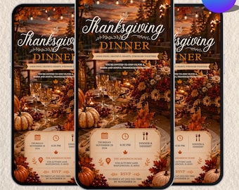 May include: A digital Thanksgiving dinner invitation template featuring a warm autumn sunset background, pumpkins, and fall foliage. The text reads Thanksgiving Dinner, Good Food, Grateful Hearts, Stronger Together, with event details for November 28, 2024.