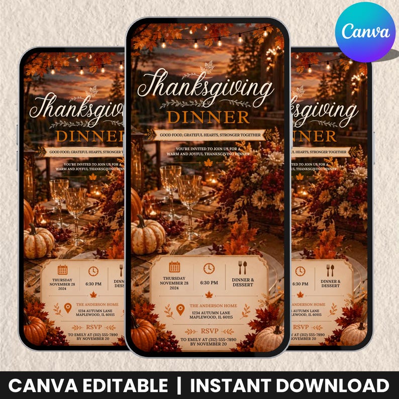 Animated Thanksgiving Invitation Template, Editable Canva MP4 Evite, Friendsgiving Dinner Invite, Digital Thanksgiving Invite
