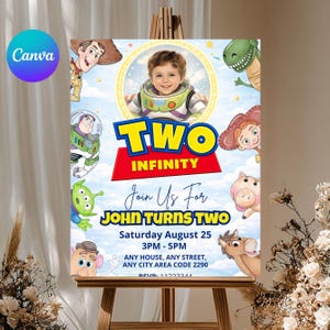 May include: A colorful birthday party invitation featuring the text "TWO INFINITY" with cartoon characters. The invitation includes the text "Join Us For JOHN TURNS TWO" and event details. A photo of a child is in the center.