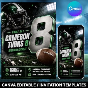Pode incluir: Um modelo de convite digital com um estádio de futebol verde escuro, um capacete verde, uma bola de futebol castanha e um grande número 8 metálico. O texto diz: GAME DAY CAMERON TURNS 8 BIRTHDAY KICKOFF, 19 DE SETEMBRO, 15:30-17:30.
