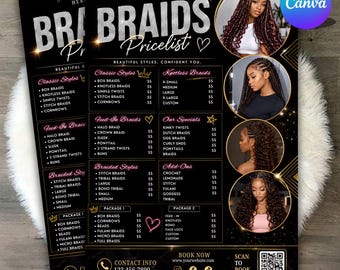 Plantilla de lista de precios de trenzas / Guía de precios de trenzado de cabello / Hoja de precios editable para salón de belleza / Folleto DIY en Canva / Servicio de uñas y pestañas