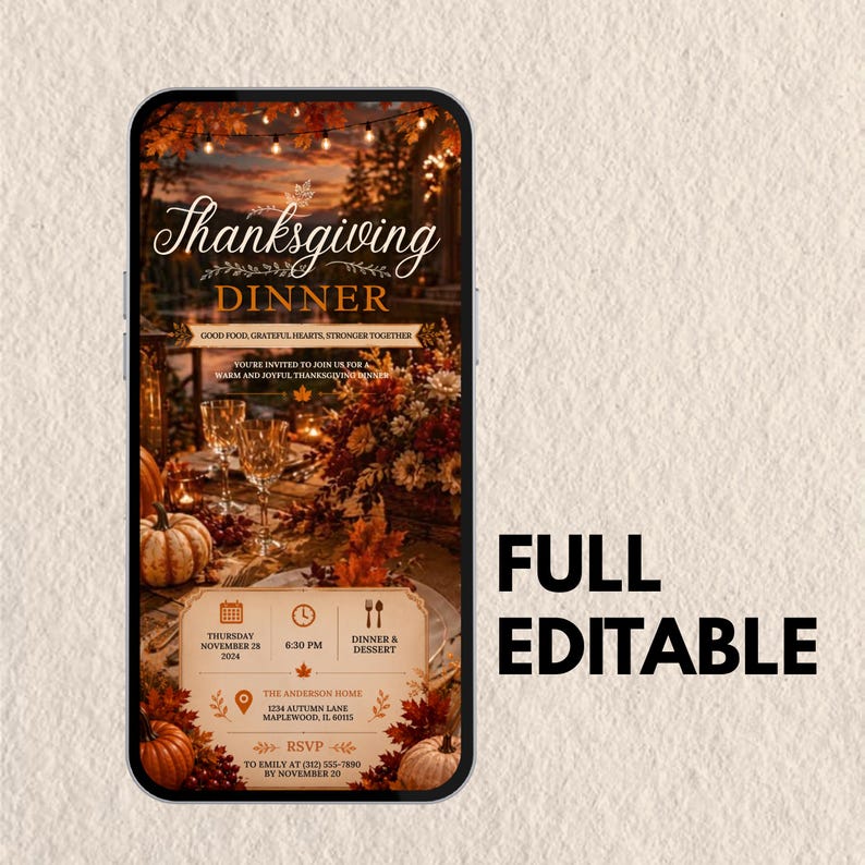 Animated Thanksgiving Invitation Template, Editable Canva MP4 Evite, Friendsgiving Dinner Invite, Digital Thanksgiving Invite
