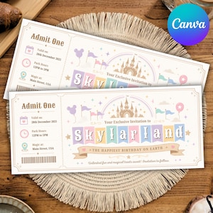 Może przedstawiać: Prostokątne papierowe zaproszenie w formie biletu z napisem Admit One, Your Exclusive Invitation to Skylarland oraz The Happiest Birthday on Earth. Projekt zawiera zamek, balony, flagi i gwiazdki w pastelowych kolorach ze szczegółami wydarzenia na 28 grudnia 2025 roku.