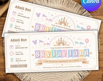 Editable Disneyland Ticket Invitation, Save the Date Ticket, Happiest Birthday on Earth Invite, Theme Park Birthday Invitation