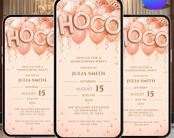 Invitación digital para la fiesta de bienvenida / Invitación electrónica para la fiesta posterior con globos rosa oro rosa / Invitación por mensaje de texto / Plantilla editable
