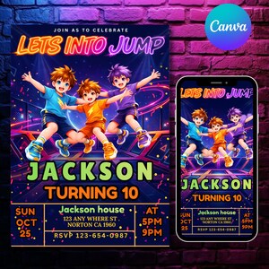 Trampoline Park Birthday Invitation Canva, Let’s Jump Party Invite, Jump Bounce Birthday, DIY text, Instant download