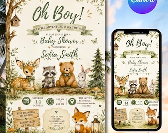Plantilla de invitación para baby shower con temática de bosque, invitación "¡Oh, niño, la aventura te espera!", invitación para baby shower con temática de animales del bosque, plantilla editable de Canva.