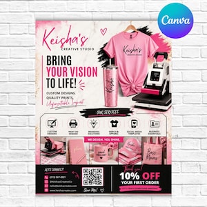Op de afbeelding: Roze promotieflyer voor Keisha's Creative Studio. De flyer toont een roze t-shirt, een glitterbeker en een hittepers. Tekst bevat "Bring Your Vision to Life!" en "Custom Designs."