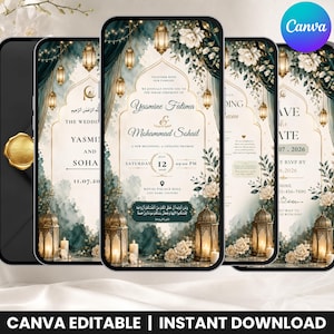 Luxury Animated Nikkah Invitation Video, Editable Canva Muslim Wedding Evite, Sage Green Islamic Wedding Invitation Template