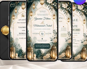 Video de invitación de boda Nikkah animado de lujo, invitación de boda musulmana editable en Canva, plantilla de invitación de boda islámica verde salvia