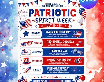 Patriotic Spirit Week Flyer Template, 4th of July School Newsletter, Red White Blue Dress Up Days, Editable Canva Printable