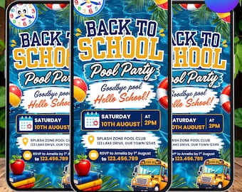 Invitación a fiesta en la piscina de regreso a clases, invitación animada de fin de verano, invitación digital azul para adolescentes y niños, plantilla editable de Canva, fiesta escolar DIY