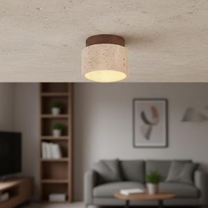 Könnte beinhalten: Eine zylindrische Deckenleuchte mit brauner Oberseite und einem gesprenkelten, cremefarbenen Korpus. Das Licht ist eingeschaltet und beleuchtet den Raum darunter. Die Leuchte ist an einer strukturierten Decke montiert.