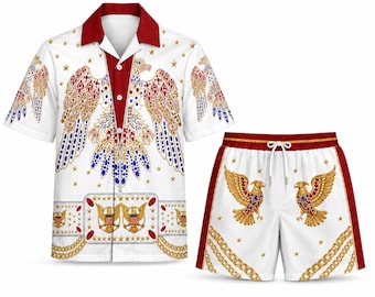 Elvis Presley Aloha Hawaiian Shirt and Shorts Set, Eagle Jumpsuit Style Mens Button Up Cabana Set, King of Rock n Roll Fan Gift