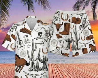 Conjunto hawaiano de vaquero del oeste, camisa y pantalones cortos de cactus longhorn, atuendo veraniego de rodeo del desierto, set de guitarra de música country, regalo para él.