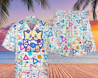 Conjunto de camisa hawaiana y pantalón corto con estampado Togepi de los 90 / Atuendo veraniego de anime con estética geométrica retro, ropa personalizada para hombres, mujeres y niños.