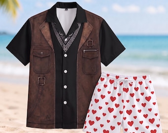 Camisa hawaiana Carl de Dungeon Crawler, pantalones cortos con estampado de corazones, regalo inspirado en los juegos de rol, disfraz de cosplay para Halloween.