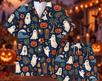 Ghost Pumpkin Hawaiian Shirt, Halloween Beach Shirt, Spooky Tropical Button Down, Fall Vacation Gift, Halloween Party Outfit