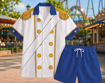 Prince Eric Inspired Costume Hawaiian Shirt/Shorts, Little Mermaid Cosplay Button Up Shirt, Disney Halloween Theme Park Vacation Apparel