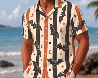 Halloween Bat Hawaiian Shirt, Spooky Button Up Shirt, Halloween Party Outfit, Fun October Shirt, Trick or Treat Top, Halloween Gift