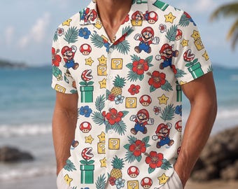Camisa hawaiana de Mario, camisa de botones de Super Mario, pantalones cortos de verano de videojuegos retro, regalo para gamers.