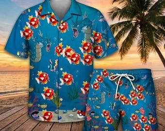 Conjunto hawaiano de dragón pez rojo divertido, ropa de playa con transformación de monstruo marino, conjunto de shorts de criatura acuática épica, atuendo para fiestas de vacaciones de verano