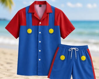 Camisa hawaiana de disfraz de Mario, camisa de botones para cosplay de Nintendo, pantalones cortos de verano, atuendo para gamers, regalo para hombres, mujeres y niños.