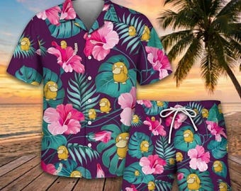 Conjunto hawaiano de pato amarillo confundido, conjunto de shorts con flores de hibisco tropical, ropa de playa divertida de pato acuático de anime, atuendo para fiestas de vacaciones de verano