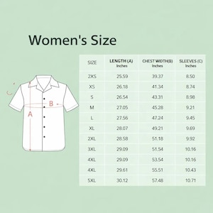 May include: A white button-down shirt with a collar, and a size chart labeled "Women's Size." The chart lists measurements in inches for length, chest width, and sleeves, ranging from 2XS to 5XL.