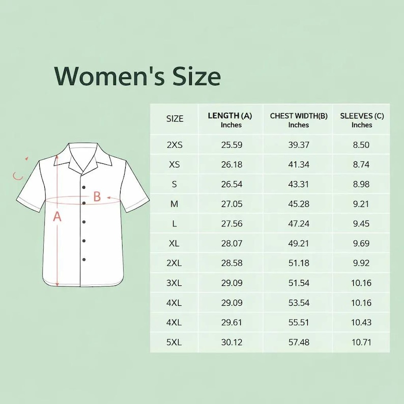 May include: A white button-down shirt with a collar, and a size chart labeled "Women's Size." The chart lists measurements in inches for length, chest width, and sleeves, ranging from 2XS to 5XL.