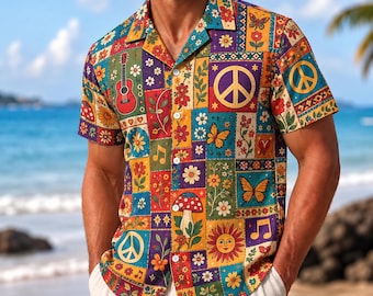 Colorful Hippie Floral Hawaiian Shirt, Peace Symbol Button Up Top, Boho Summer Beach Shirt, Retro Festival Outfit