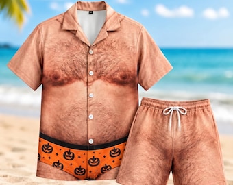 Funny Hairy Body Shirt, Novelty Men's Hawaiian Shirt, Halloween Pumpkin Shirt, Funny Beach Shorts, Spooky Costume Shorts