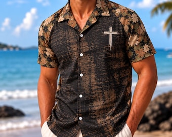 Autumn Christian Cross Hawaiian Shirt, Fall Leaf Button Up Shirt, Faith Inspired Shirt, Christian Graphic Top, Thanksgiving Gift