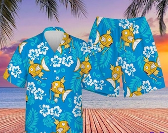 Kawaii Golden Fish Hawaiian Shirt Set, Derpy Splash Monster Aloha Outfit, Unisex Anime Beachwear, Blue Floral Family Matching Clothes