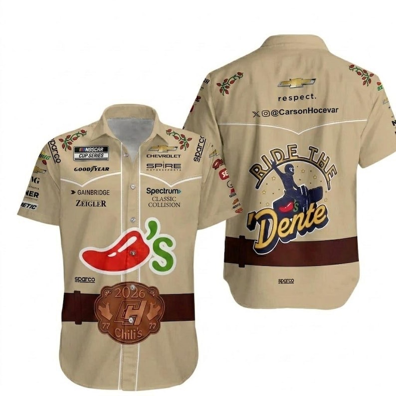 May include: Tan button-up shirt with short sleeves. The shirt features a red chili pepper graphic, the text "Chili's", and the phrase "Ride the Dente". Logos for NASCAR, Chevrolet, and other sponsors are also visible.