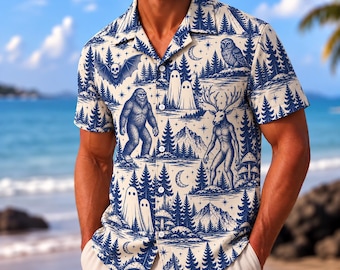 Vintage Forest Creature Hawaiian Shirt, Mystical Woodland Button Up Shirt, Mountain Nature Shirt, Camping Gift, Outdoor Hiking Shirt