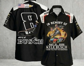 Camisa hawaiana de Kyle Busch, camiseta Rip Rowdy, camiseta de homenaje a Kyle para aficionados a las carreras, camisa informal con estampado de automovilismo en memoria de Busch.