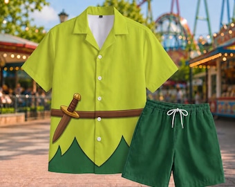 Peter Pan Inspired Costume Hawaiian Shirt, Disneybound Men Button Up, Halloween Theme Park Outfit, Fantasy Cosplay Shirt