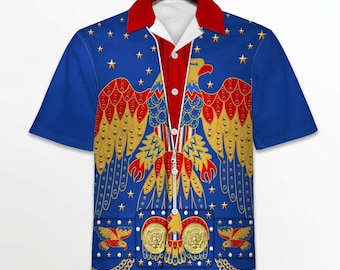 Camisa hawaiana Elvis Eagle, Top retro rock and roll Aloha, Ropa de playa unisex Blue Eagle, Camisa vintage tributo a Elvis, Conjunto de estrella de rock tropical