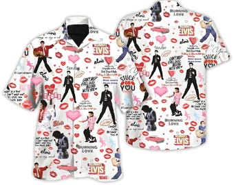 Camisa hawaiana de Elvis Presley, camisa retro del Rey del Rock N Roll, regalo vintage para fans de la música de los años 50, camisa de verano con botones "Burning Love", ropa rockabilly