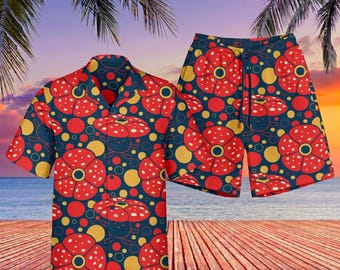 Conjunto de camisa y pantalones cortos hawaianos tropicales Vileplume, atuendo veraniego retro floral para la playa, ropa personalizada con botones y diseño botánico para hombres, mujeres y niños.
