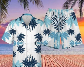 Conjunto hawaiano de palmeras blancas, camisa y pantalones cortos de simetría tropical azul, ropa de playa minimalista de verano, atuendo Aloha de lujo, regalo para vacaciones en la isla